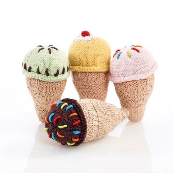 (3/$25) Hand Crocheted Friendly Ice Cream Cone Rattle for Babies Organic Cotton - Picture 2 of 2
